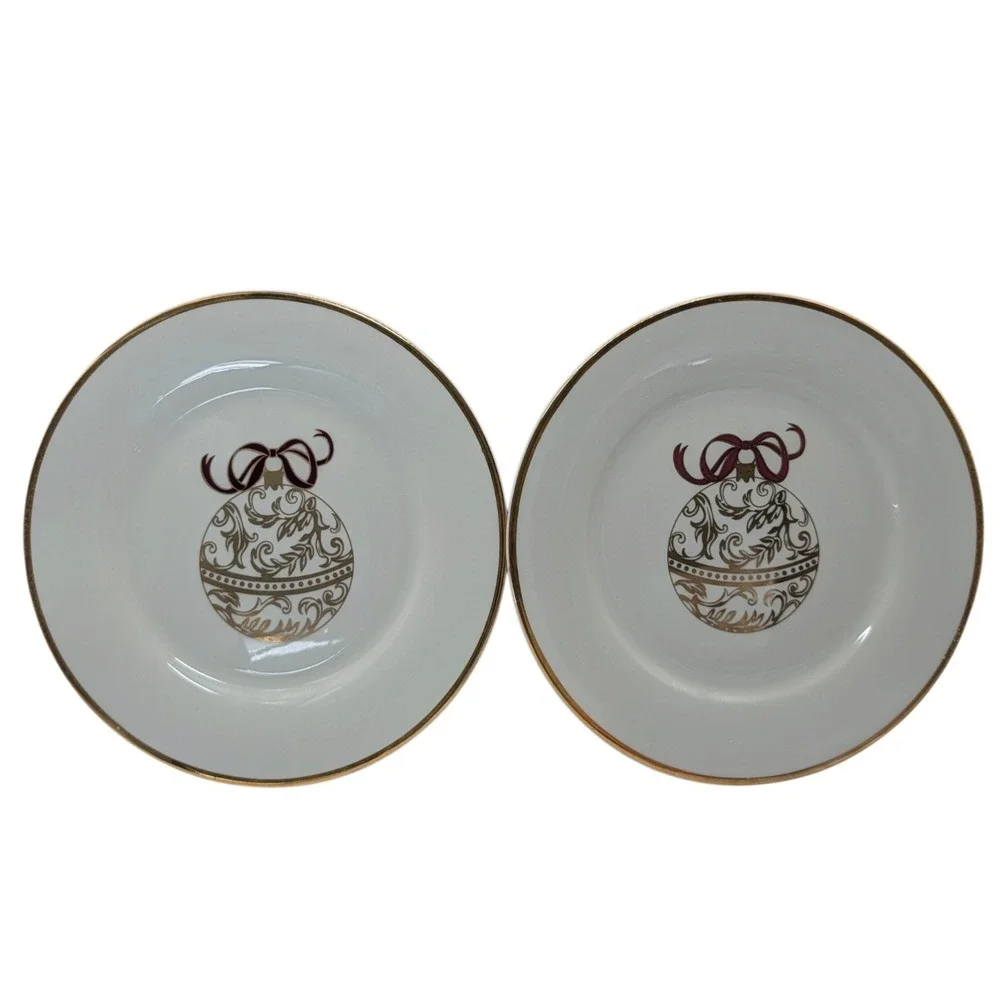 Pier One Christmas Dessert Plates Ornament Bow Gold Trim Vintage Set of Two